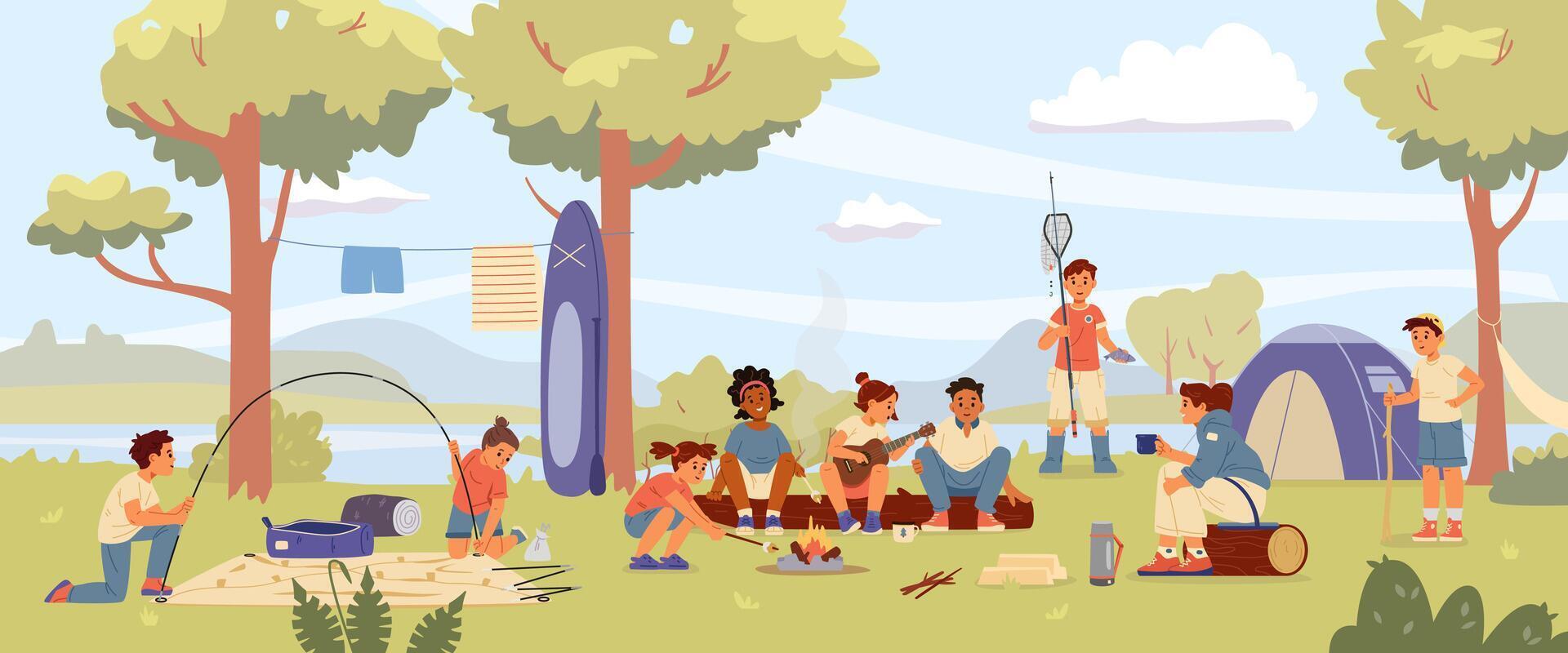 Kids in summer camp flat illustration. Diverse group of children with woman teacher spending time outdoors at campsite in the forest. Playing ukulele near bonfire, fishing, roasting marshmallow vector
