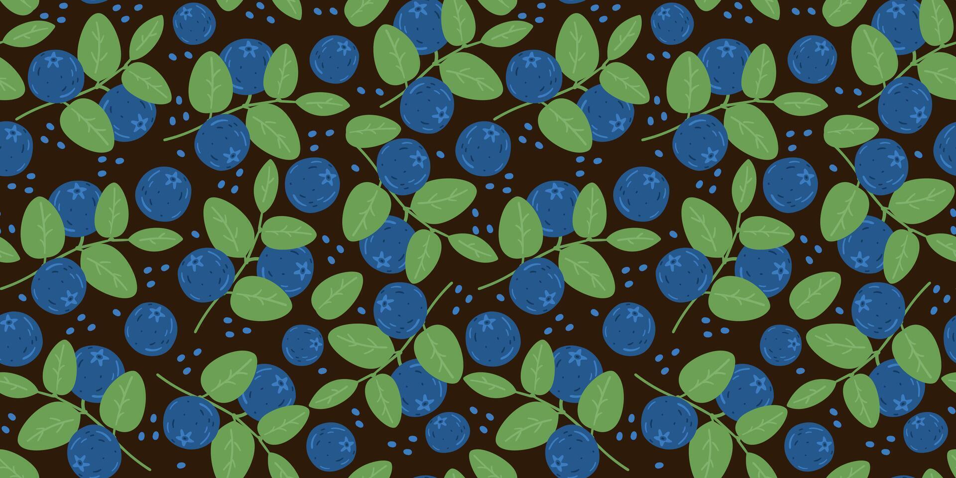 Blueberry and leaves seamless pattern on dark background. vector