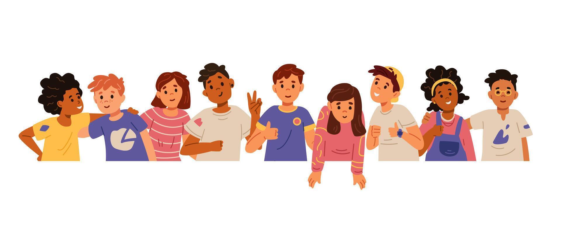 Diverse group of children standing together flat illustration isolated on white. Template for advertising with space for text. vector