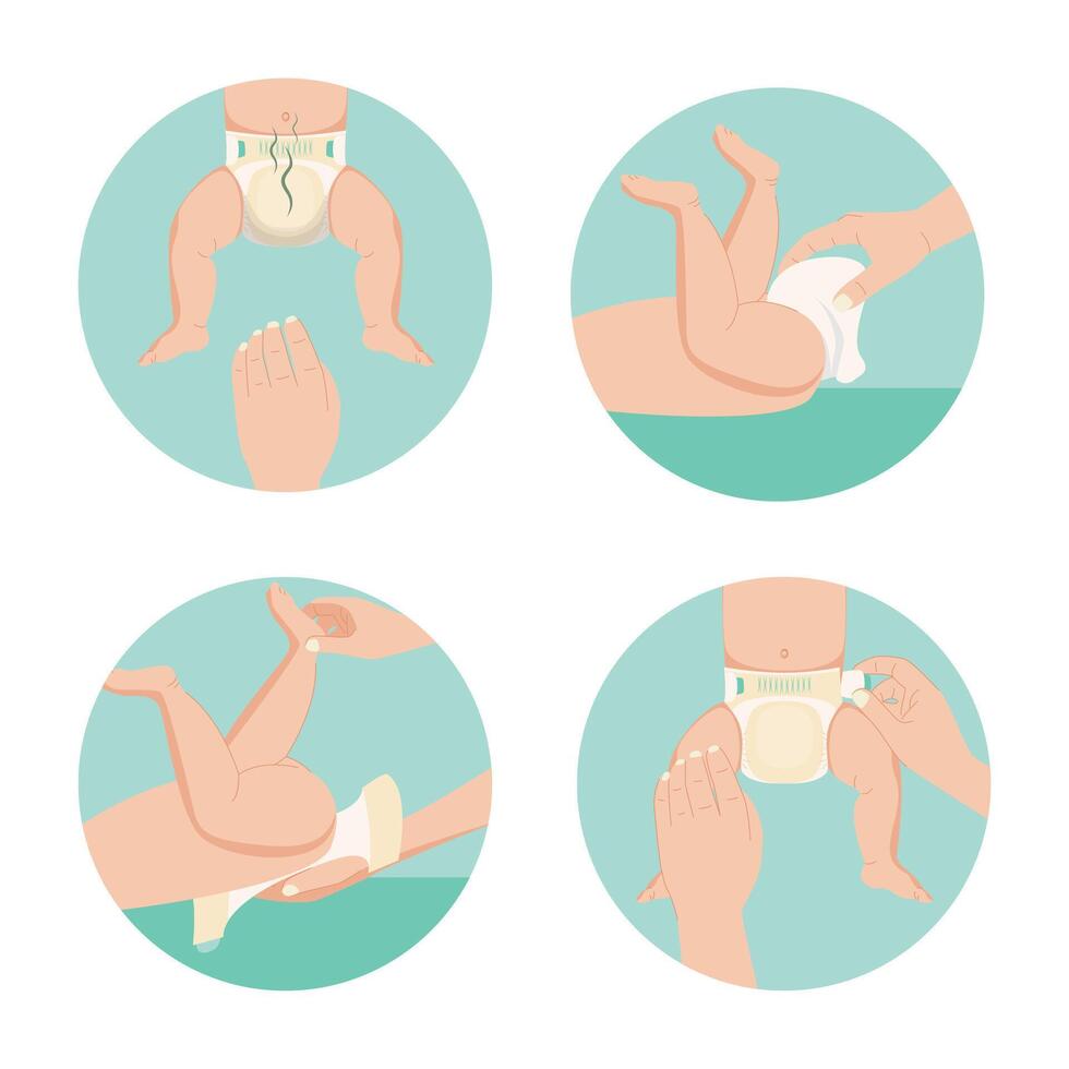 Cartoon Color Step Guide Changing Diapers Concept Flat Design Style. Kids Absorbic Cotton Panties Usage Instructions vector