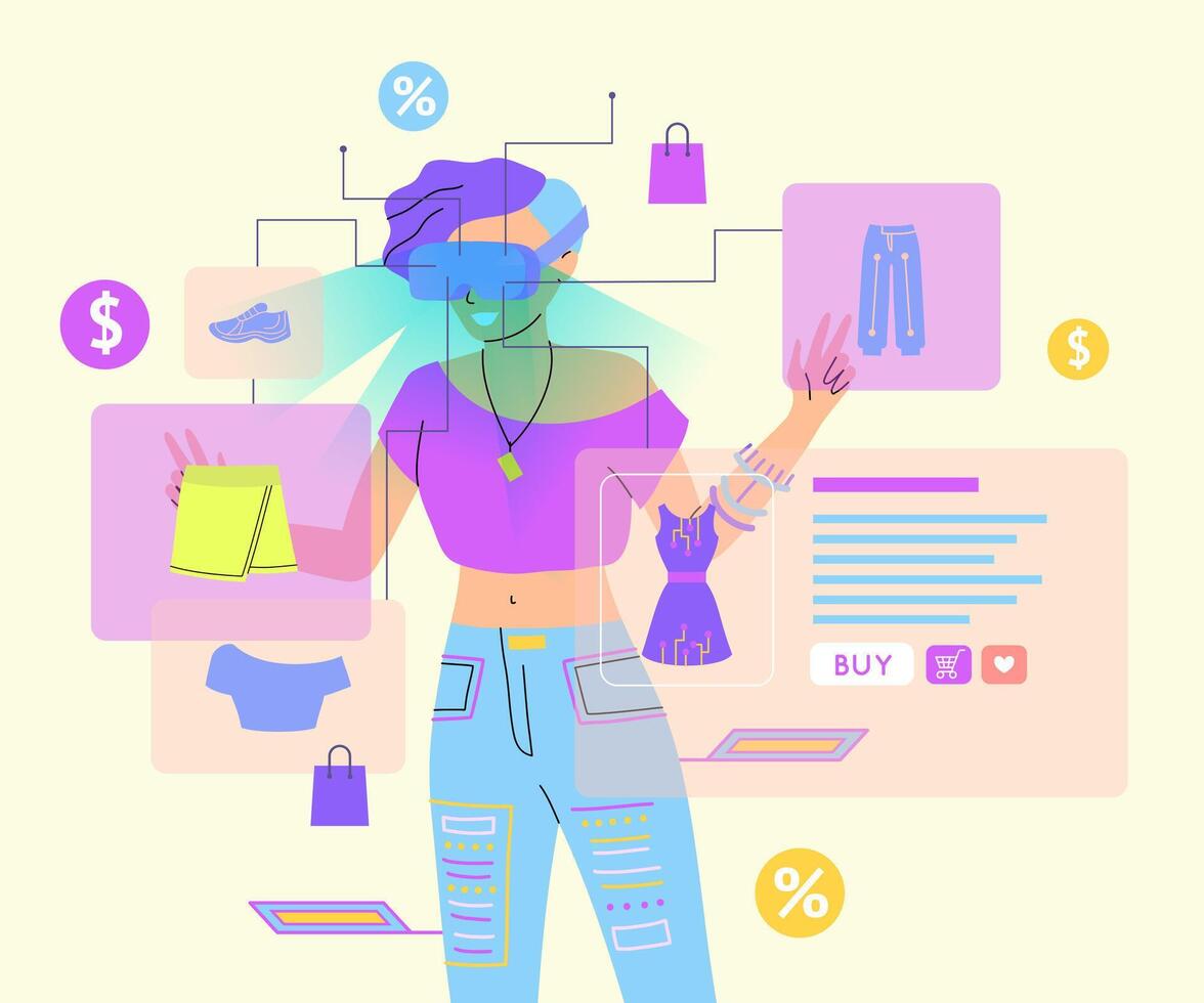 Cartoon Color Character and Vr Fashion Clothing Concept. vector