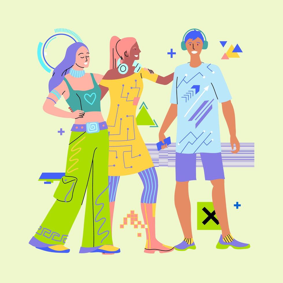 Cartoon Color Characters and Fashion Tech Clothes Concept. vector