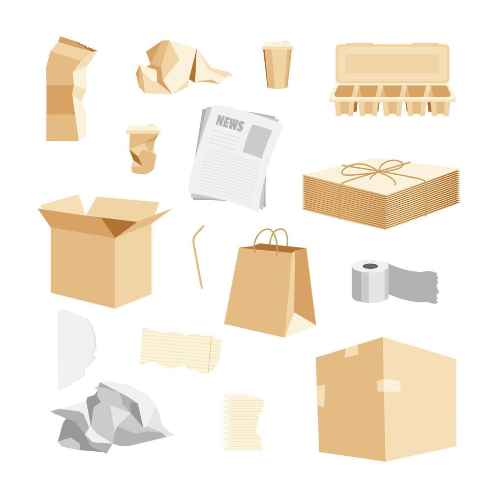 Cartoon Color Different Paper Trash Set Recycle Garbage Concept Flat Design Style. Cardboard Box, Coffee Cup and Newspaper vector