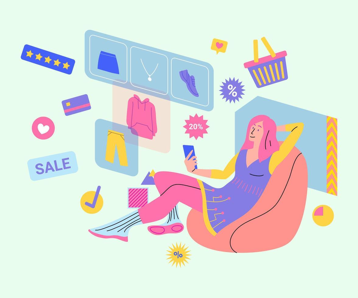 Cartoon Color Character and Ar Shopping Fashion Clothing Concept. vector