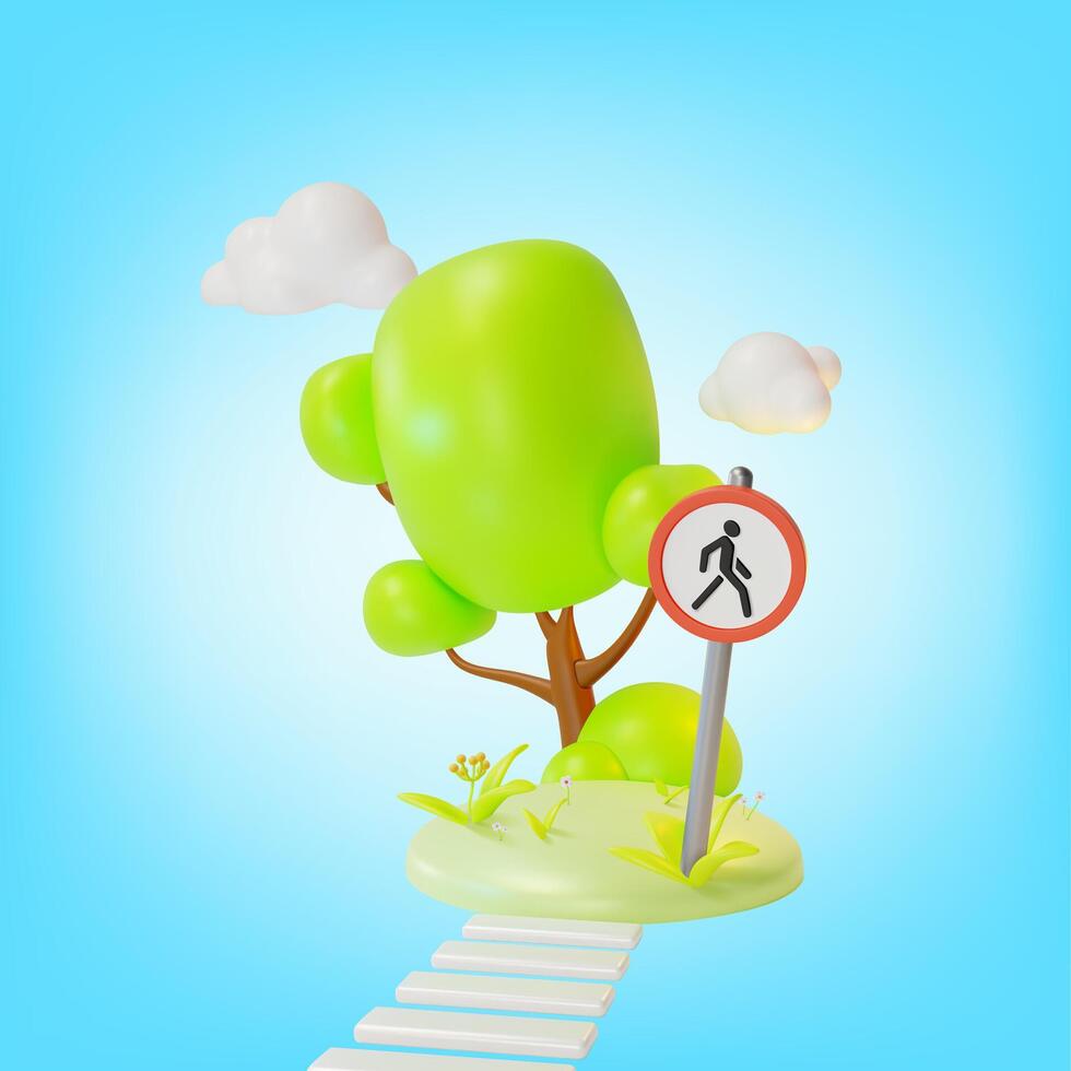 3d Pedestrian Crossing Road Sign on the Ground Cartoon Design Style. vector