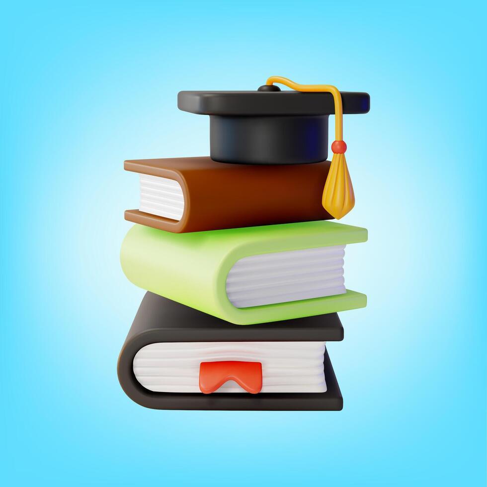 3d Black Graduation Cap on Top of Pile of Books Cartoon Design Style. vector