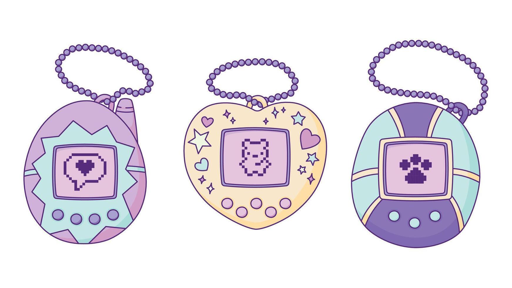 Set of Cute Retro Virtual Pet Toys Hand Drawn Illustrations Isolated on White Background. Nostalgic Artificial Pet Device with Screen Display, Pixel Print, Buttons vector