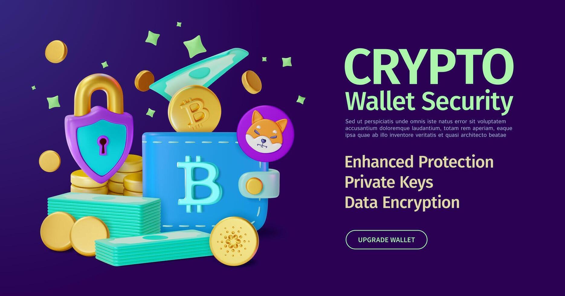 3d Wallet Security Crypto Currency Concept Ads Banner Poster Card Cartoon Design Style. vector