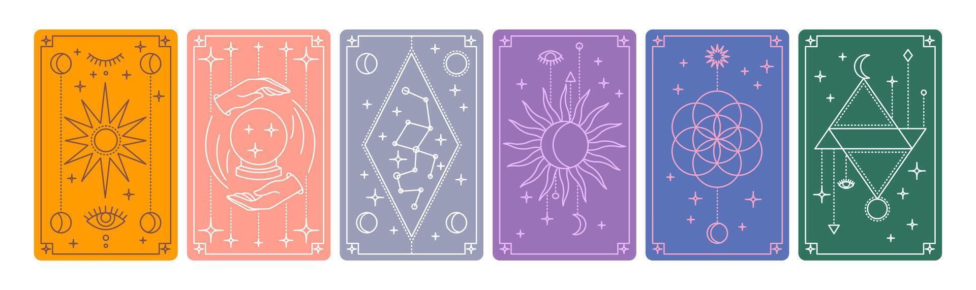 Cartoon Color Magical Tarot Deck Cards Set Mystic Prediction Concept Line Art Design Style. vector