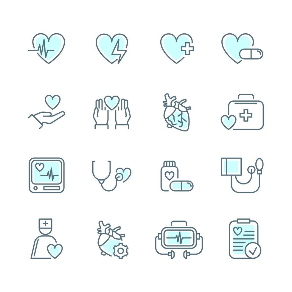 Cardiology Sign Thin Line Icon Set Include of First Aid Kit, Holter Monitor and Medications . vector