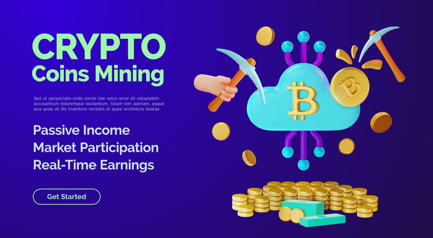 3d Coins Mining Crypto Currency Concept Ads Banner Poster Card Cartoon Design Style. vector