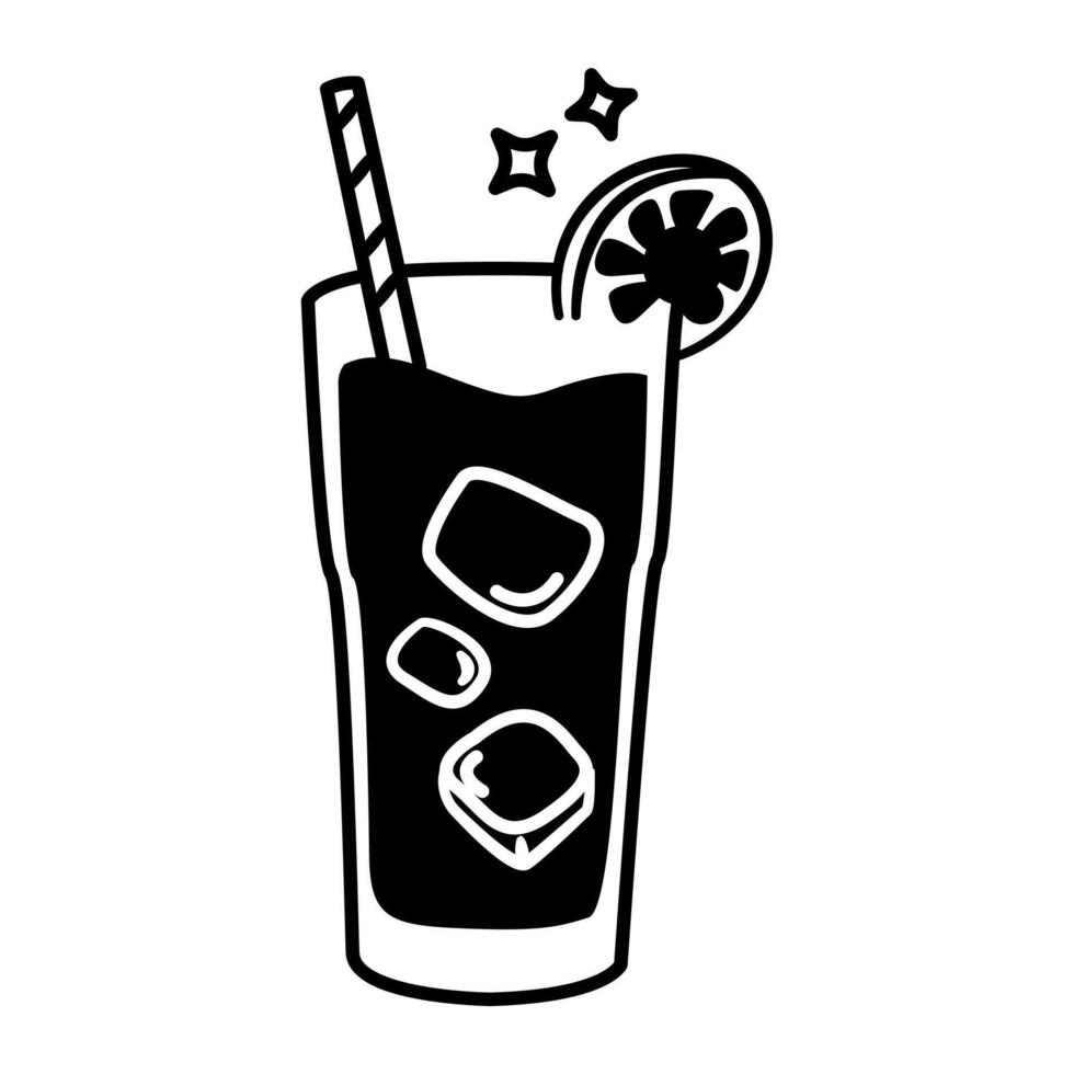 Glass of iced tea with a straw and a slice of lemon. The glass is half full vector