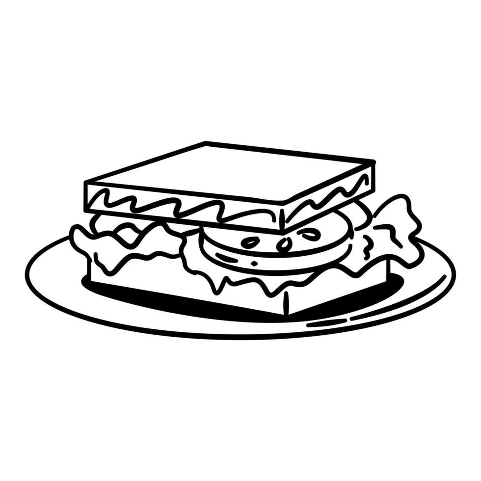 Sandwich with lettuce and tomato on a white plate. The sandwich is cut in half vector