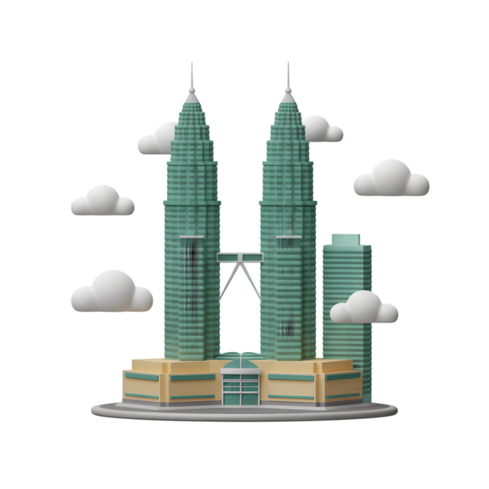 Stylized 3D Render of the Petronas Towers with Clouds, Malaysia Landmark png