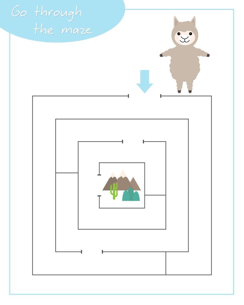 A square labyrinth with alpaca for children. Mini game for children. Development of logic. vector