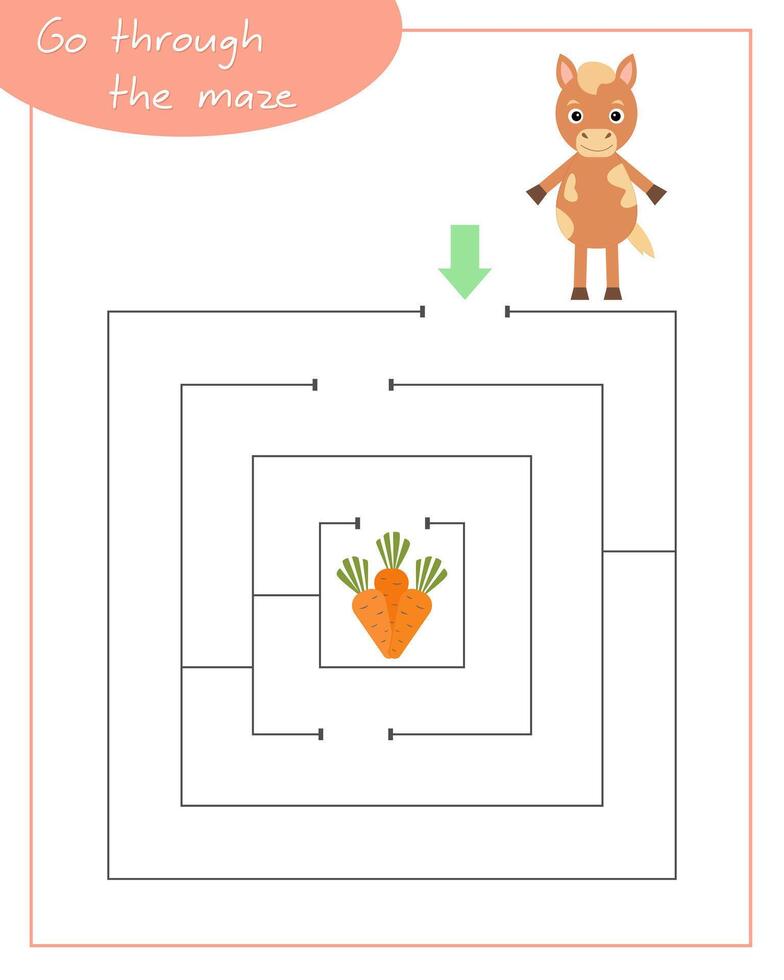 A square labyrinth with horse for children. Mini game for children. Development of logic. vector