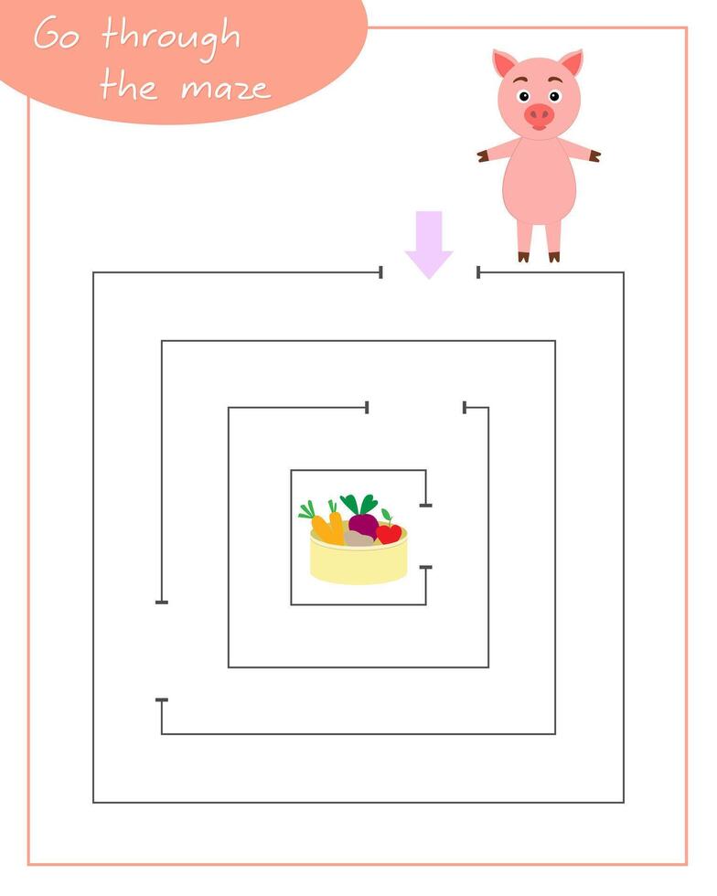 A square labyrinth with pig for children. Mini game for children. Development of logic. vector
