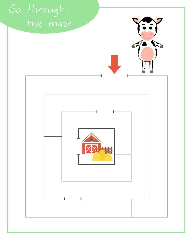 A square labyrinth with cow for children. Mini game for children. Development of logic. vector