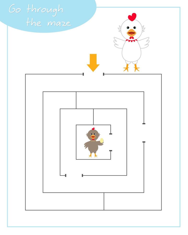 A square labyrinth with rooster for children. Mini game for children. Development of logic. vector