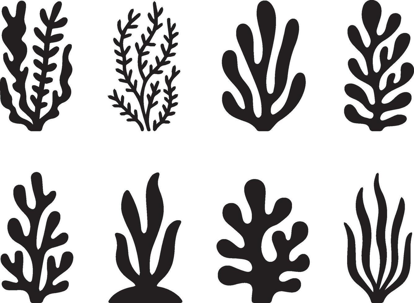 Collection of abstract seaweed silhouettes isolated on white background decorative shapes vector
