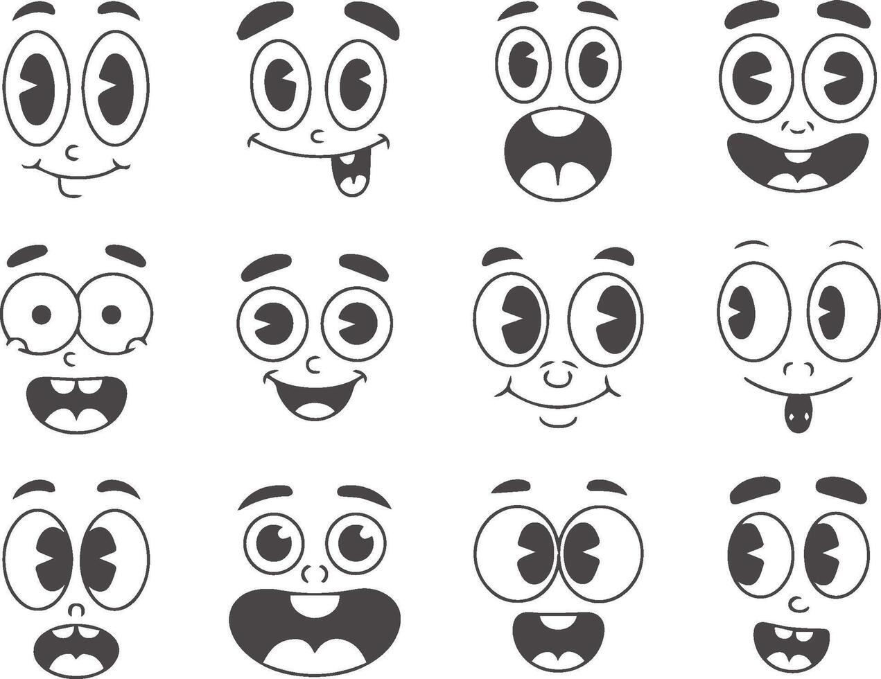 Set of twelve funny cartoon faces expressions with big eyes illustration vector