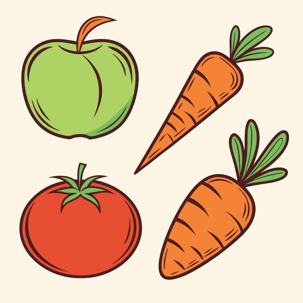 Fresh vegetables and fruit illustration apple tomato and carrots flat design vector