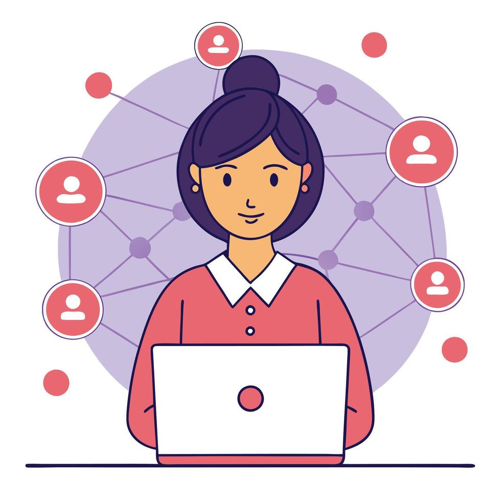 Woman using laptop surrounded by network connection icons illustrating social media vector