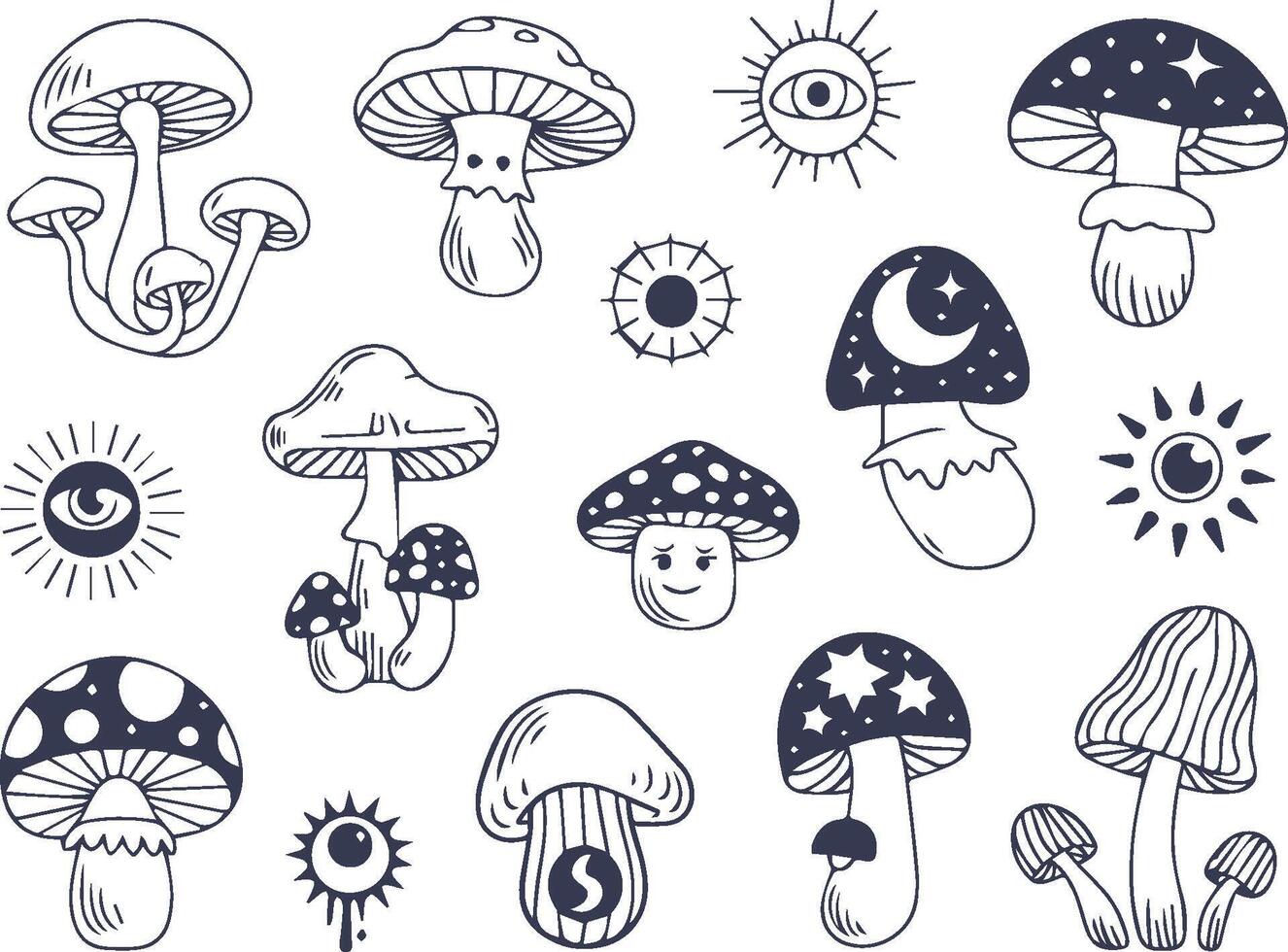 Collection of mystical mushroom illustrations with stars moon and eyes hand drawn vector