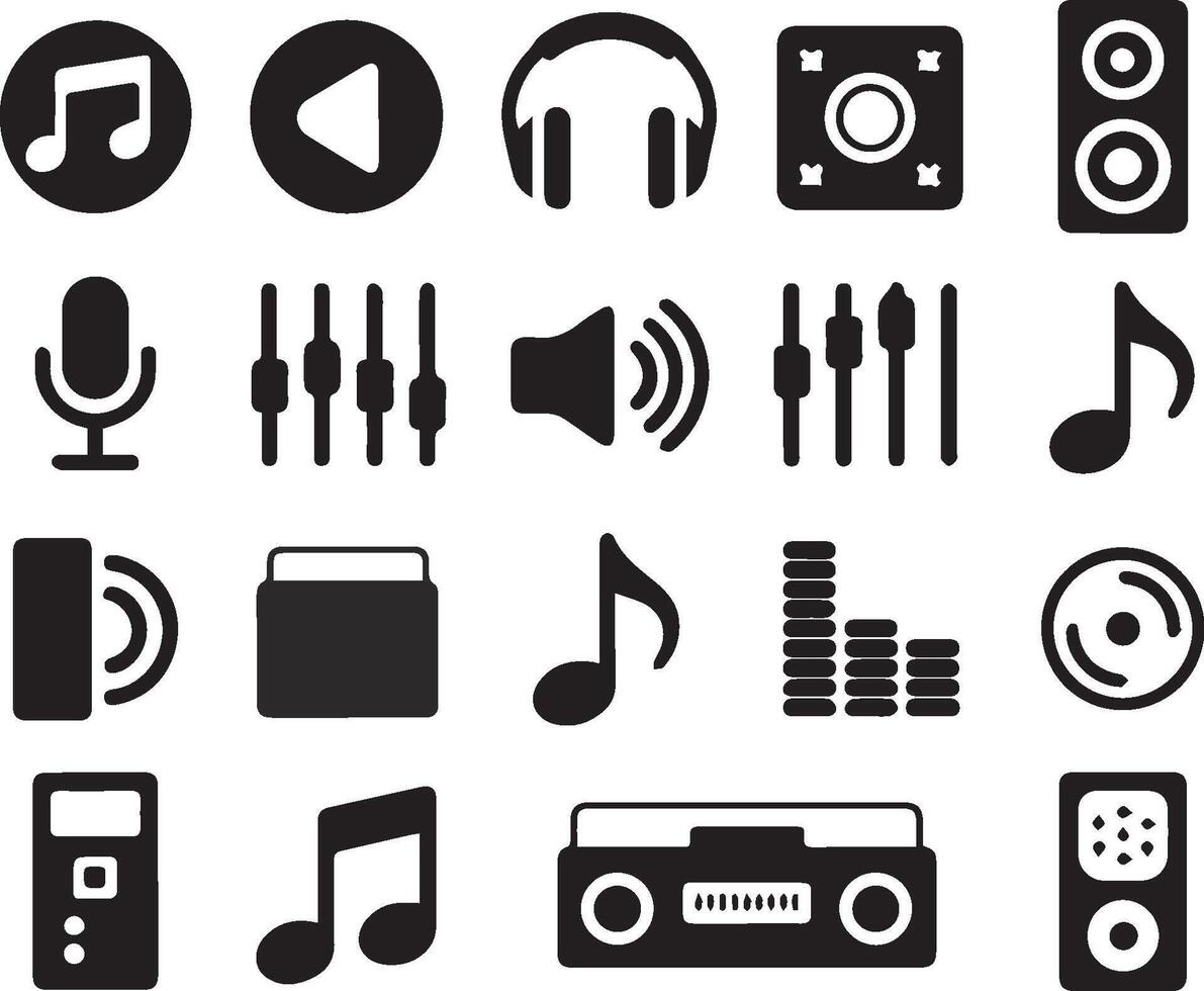 Collection of music audio related icons in simple black style vector