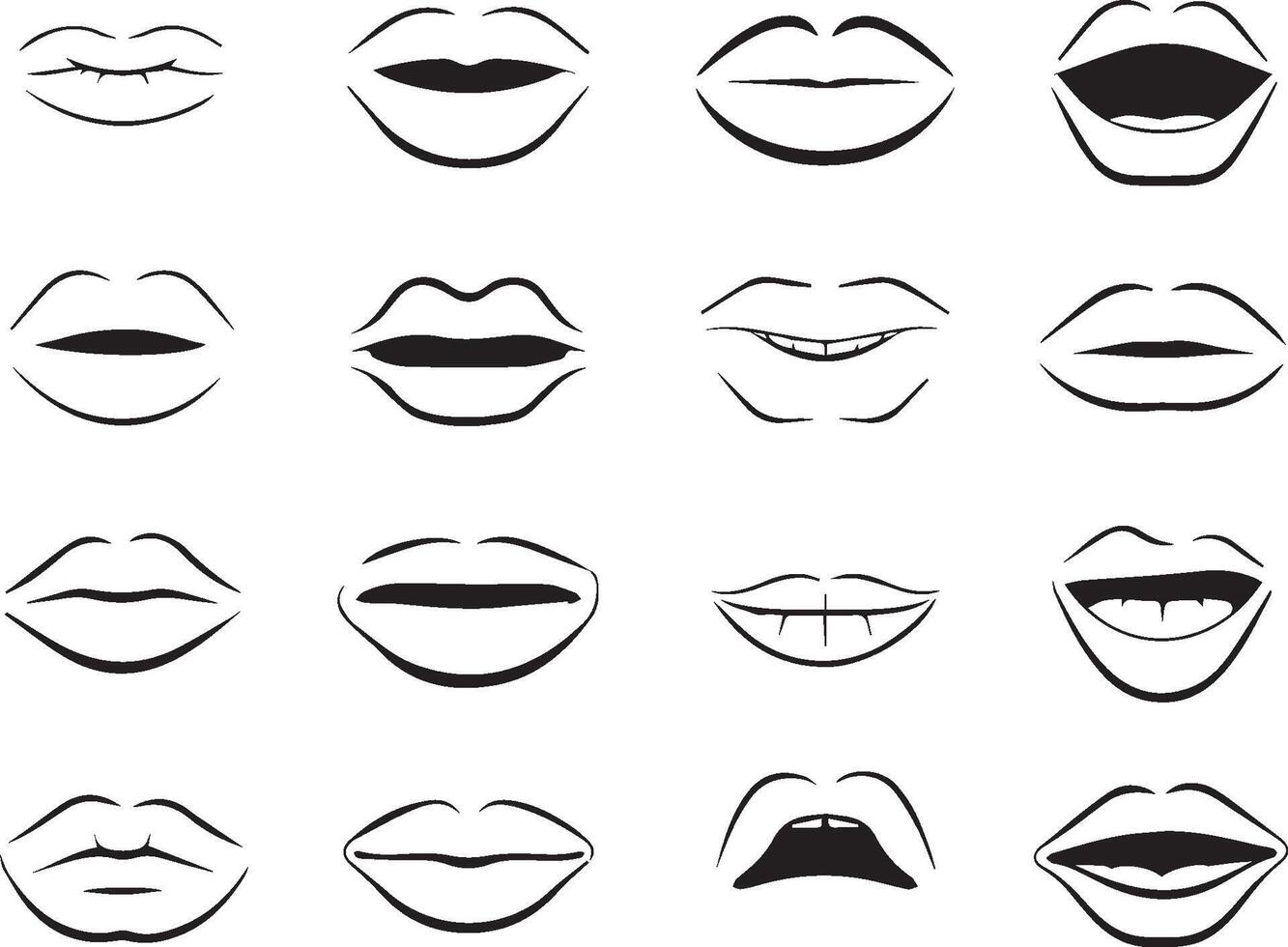 Collection of line art lips with different expressions and mouth shapes vector