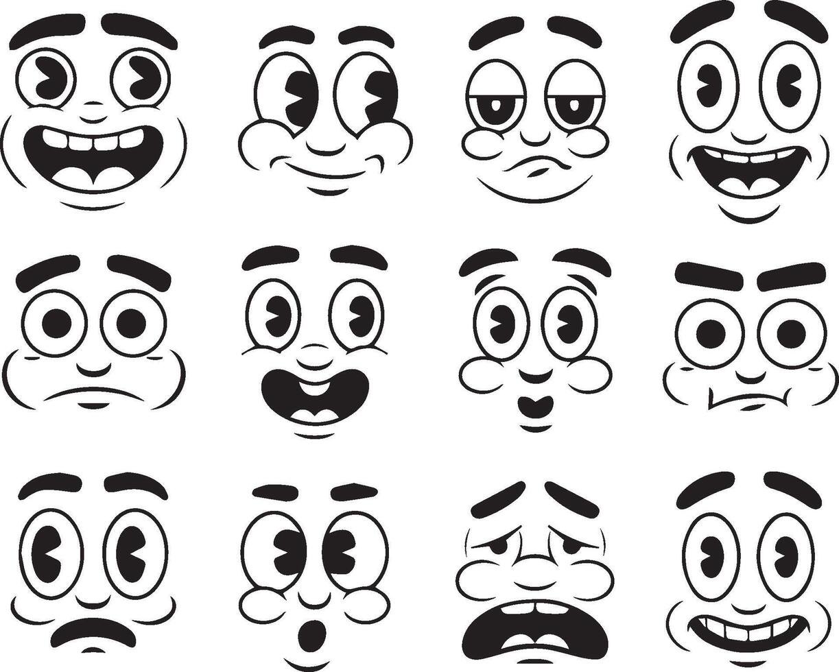 Cartoon face expressions in vintage style with happy sad angry emotions set vector