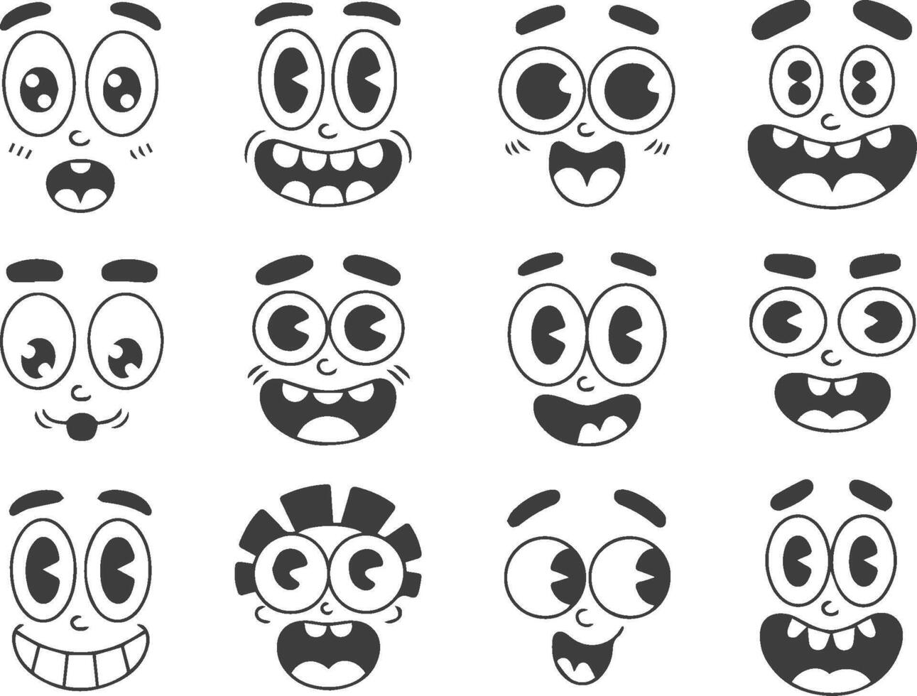 Cartoon faces set with various expressions in black and white style vector