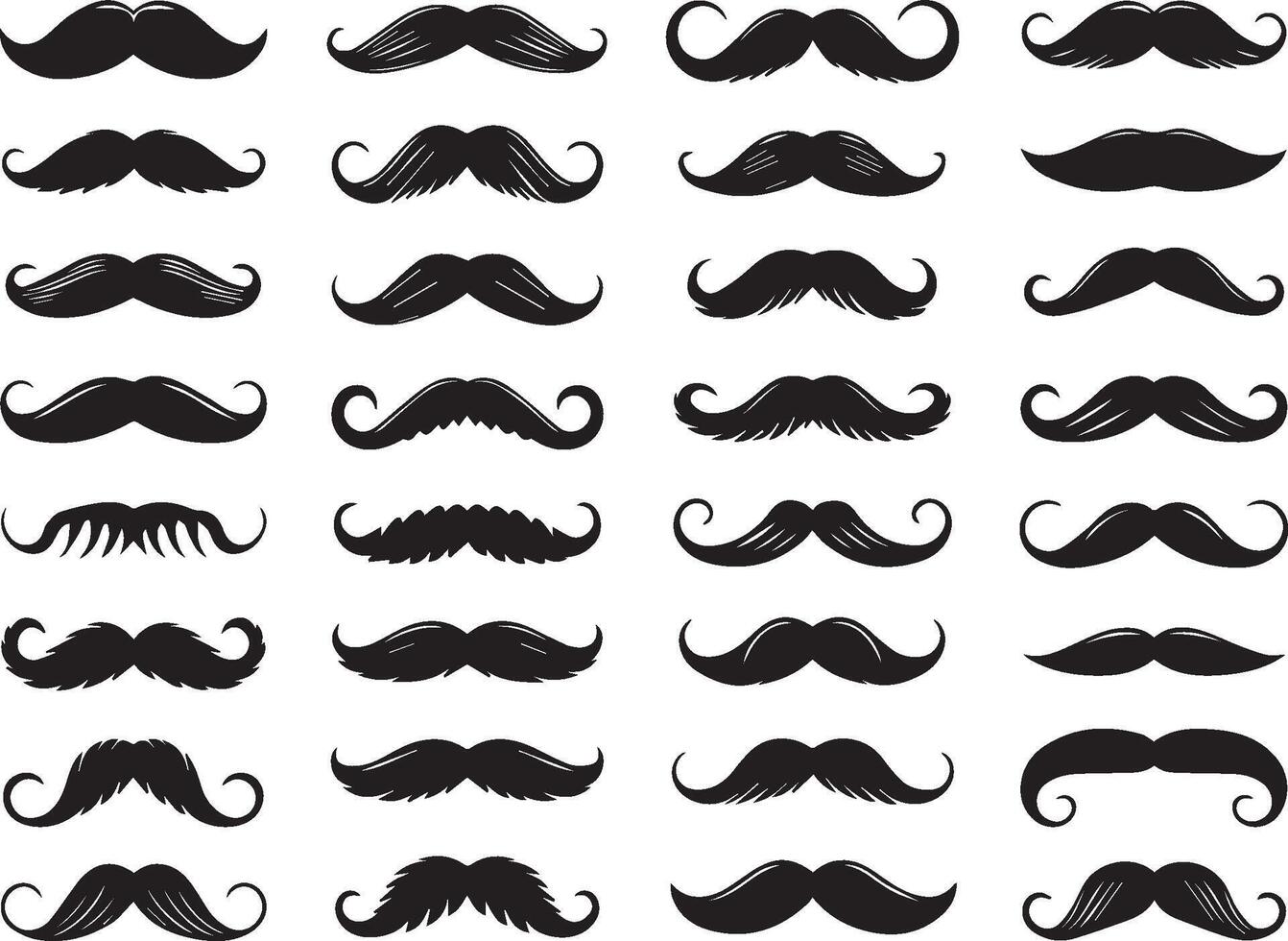 Collection of mustache variations black silhouette isolated on white background illustration vector