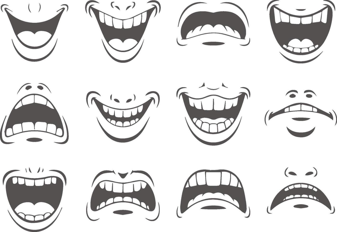 Set of cartoon mouths expressing different emotions gray scale illustration vector