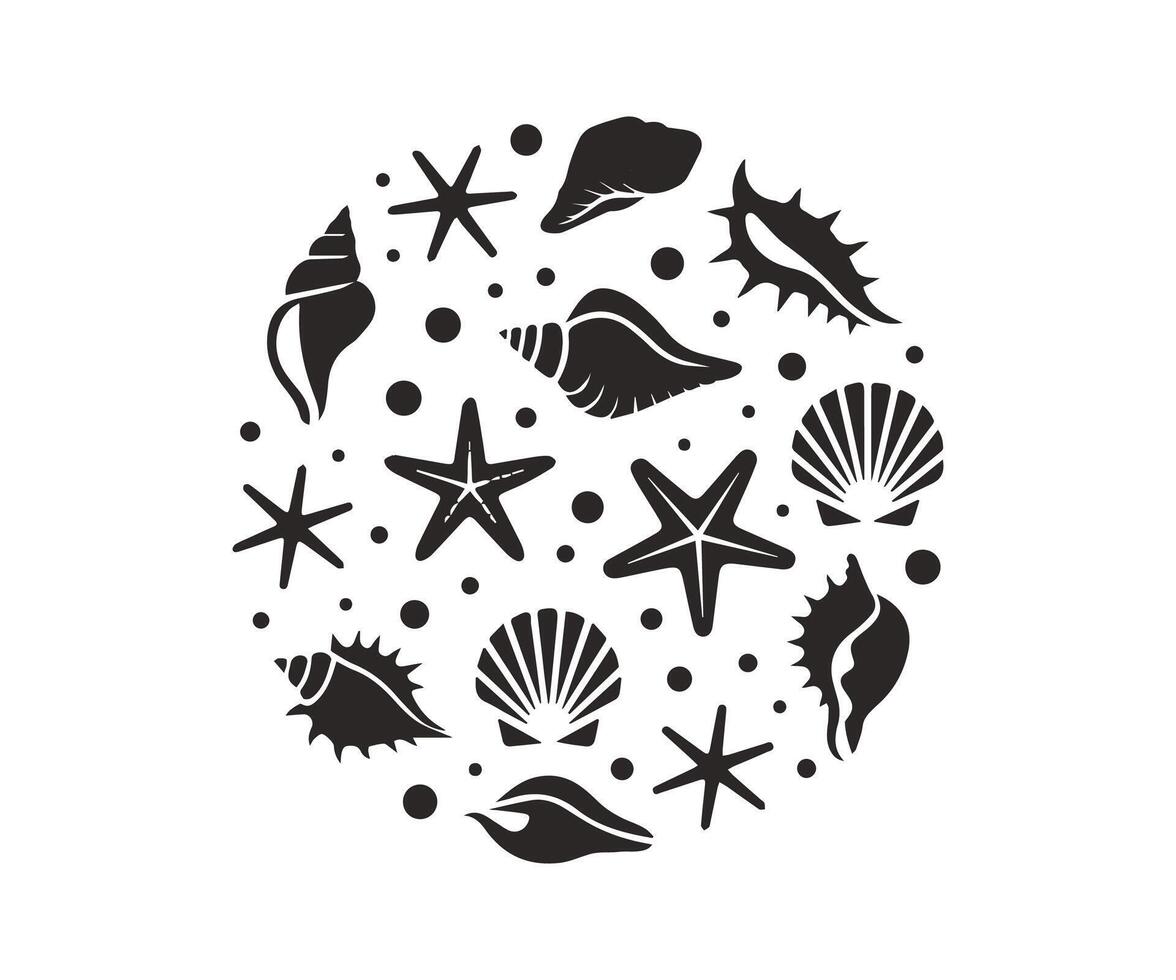 Collection of seashells and starfish in circular arrangement on white background vector
