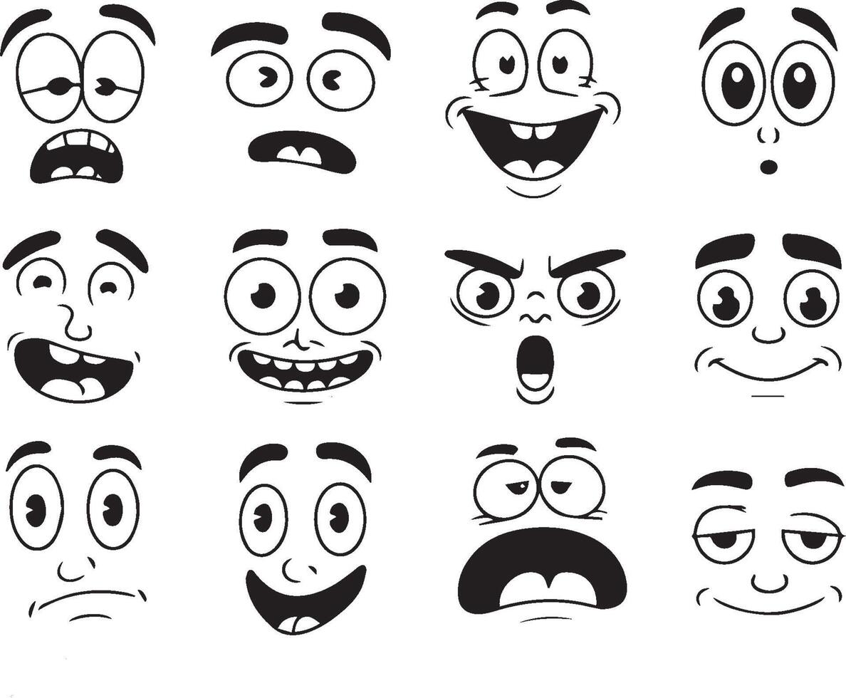 Cartoon faces with various expressions illustration line art vector