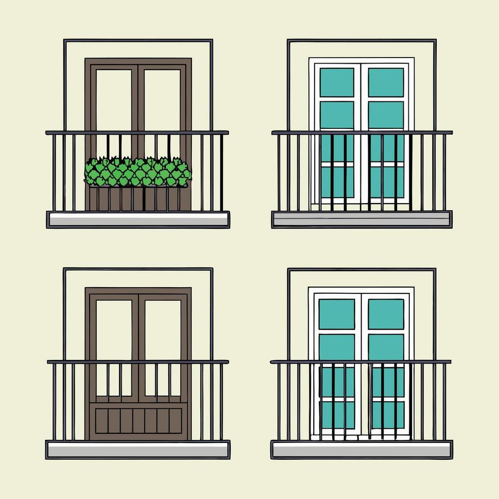 Apartment facade with balconies windows doors and plant box illustration vector