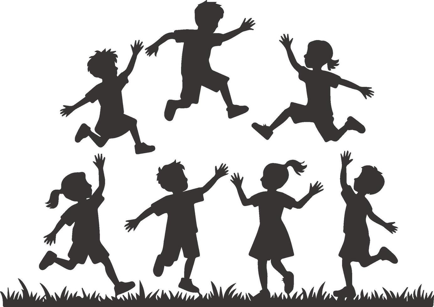 Silhouette of joyful children playing and jumping outdoors in a grass field vector