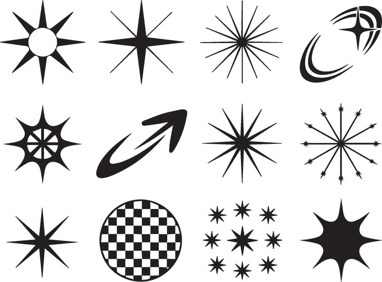 Collection of starburst sparkle and geometric design elements in black and white vector