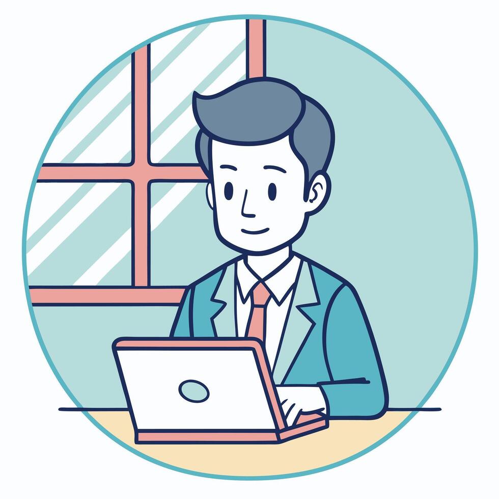 Cartoon businessman working on laptop in office illustration graphic vector