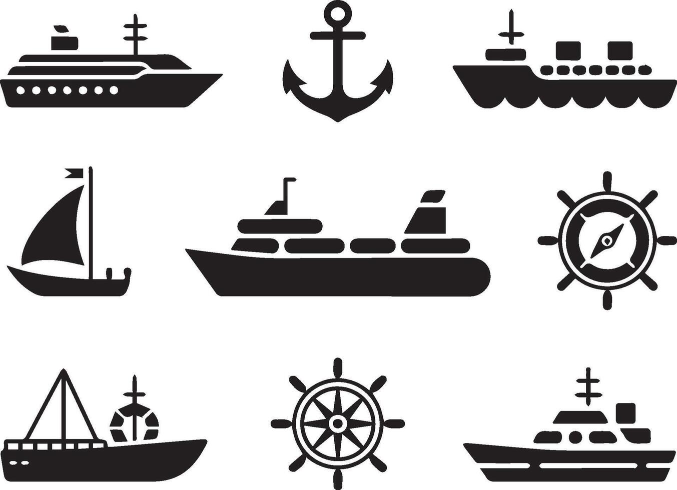 Black silhouette of sea transport collection featuring various vessel types vector