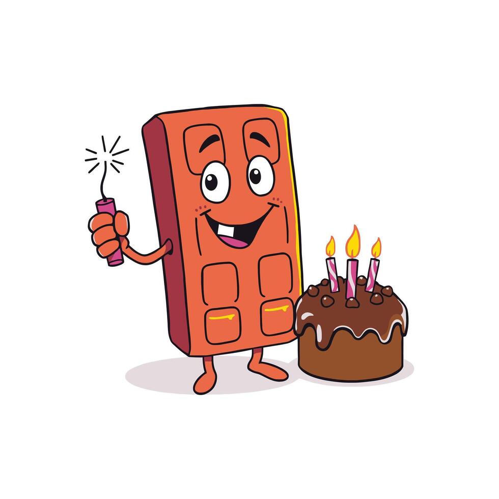 Funny Cartoon Chocolate Bar Holding Party Popper and Standing by Birthday Cake Illustration vector