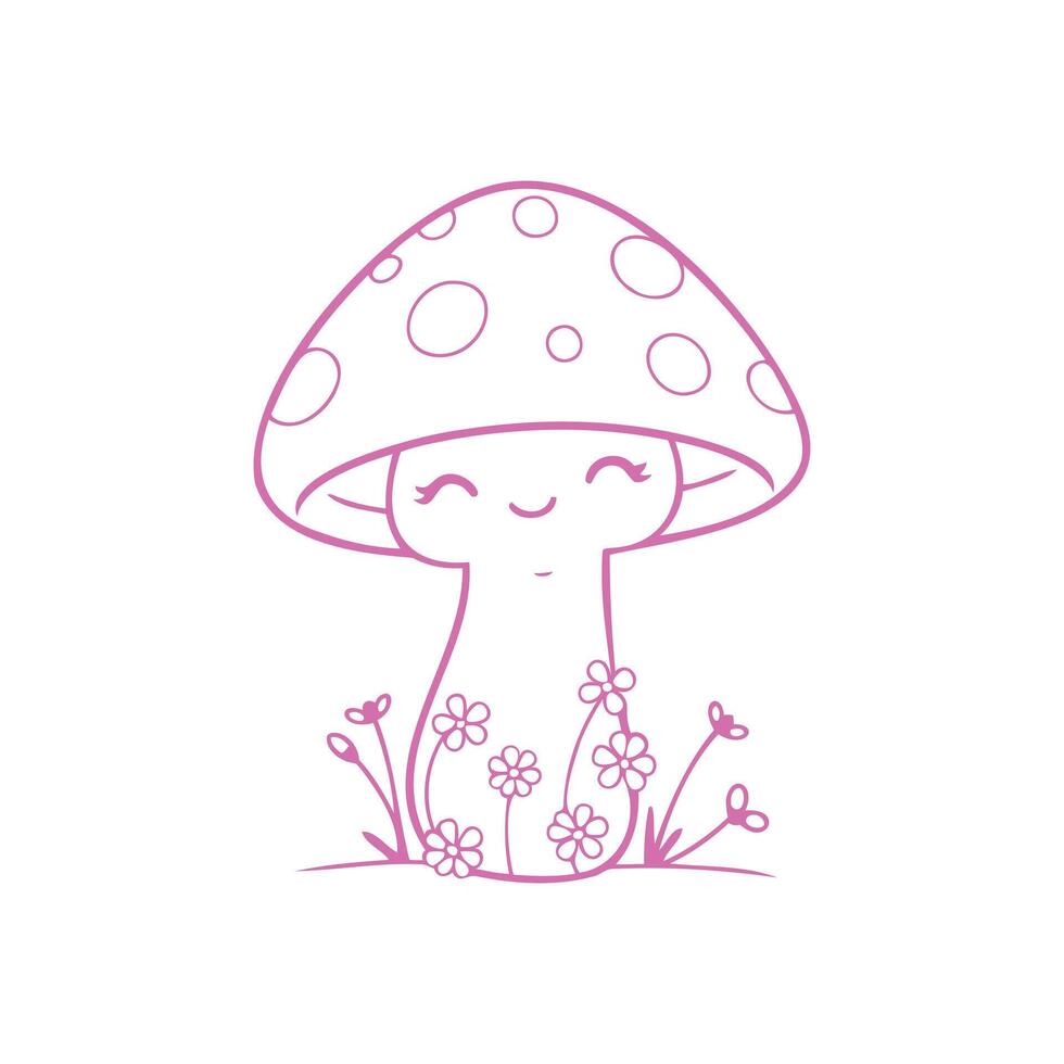 Happy Mushroom Character Growing in Grass with Small Flowers Illustration vector