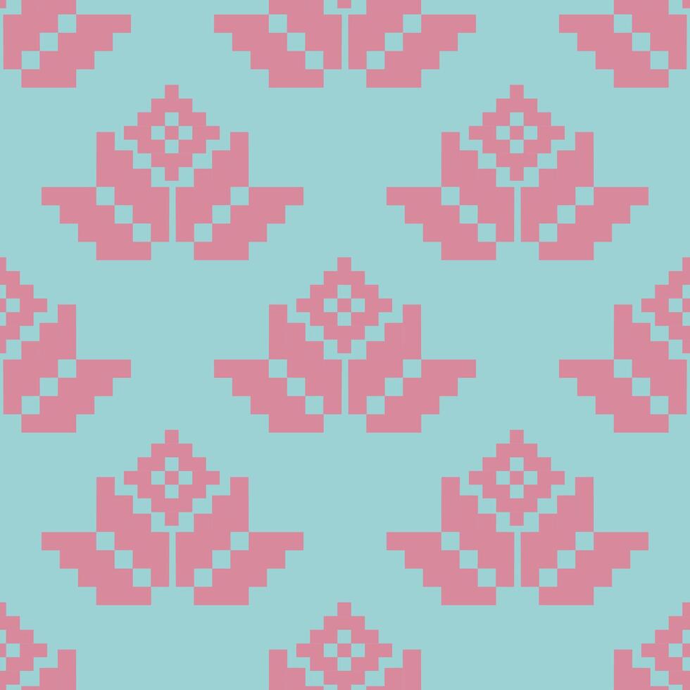 a pattern composed of pixel designs with pink flowers on light blue background , design for fabric or various pattern printing works. vector