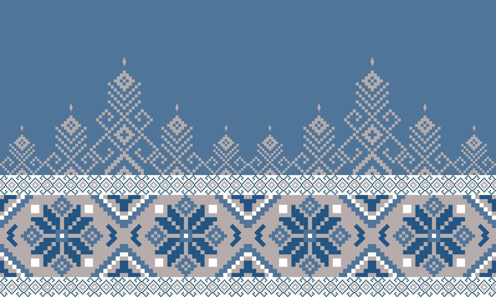 a detailed pattern composed of pixel designs with dark blue flowers and light brown square on blue background , design for fabric or various pattern printing works. vector