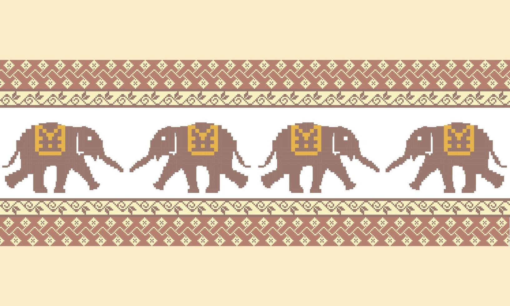pattern composed of pixel designs with elephant and flowers on yellow background, design for fabric or various pattern printing works. vector