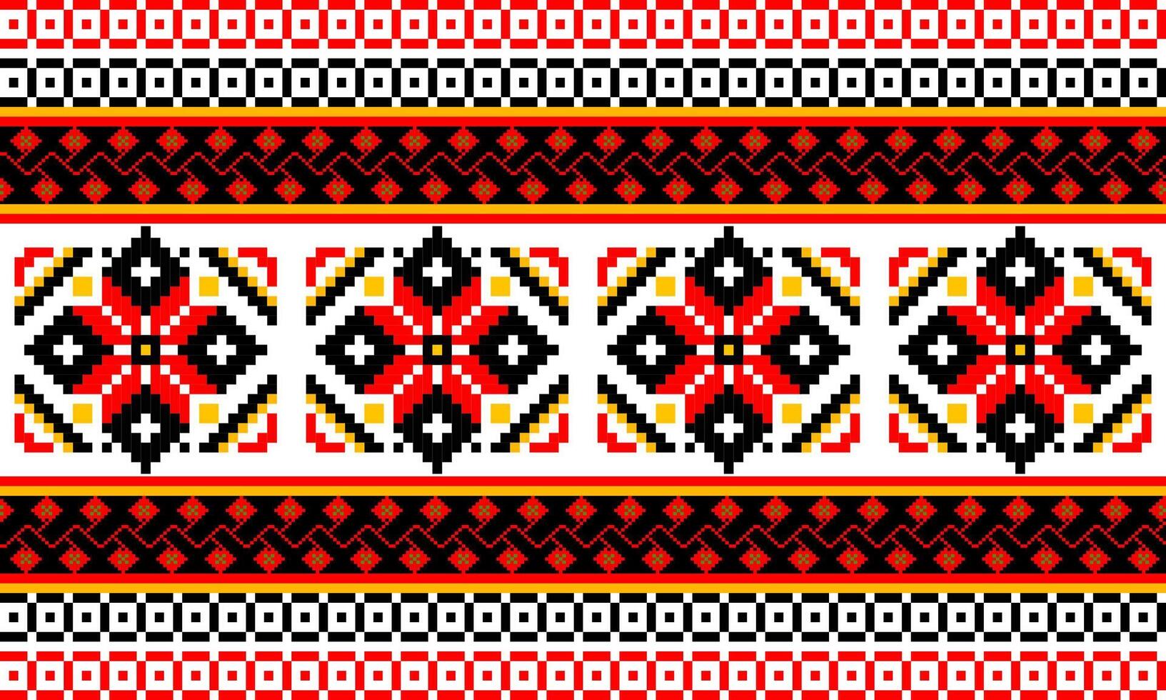 a detailed pattern composed of pixel designs with red and black flowers on white background , design for fabric or various pattern printing works. vector