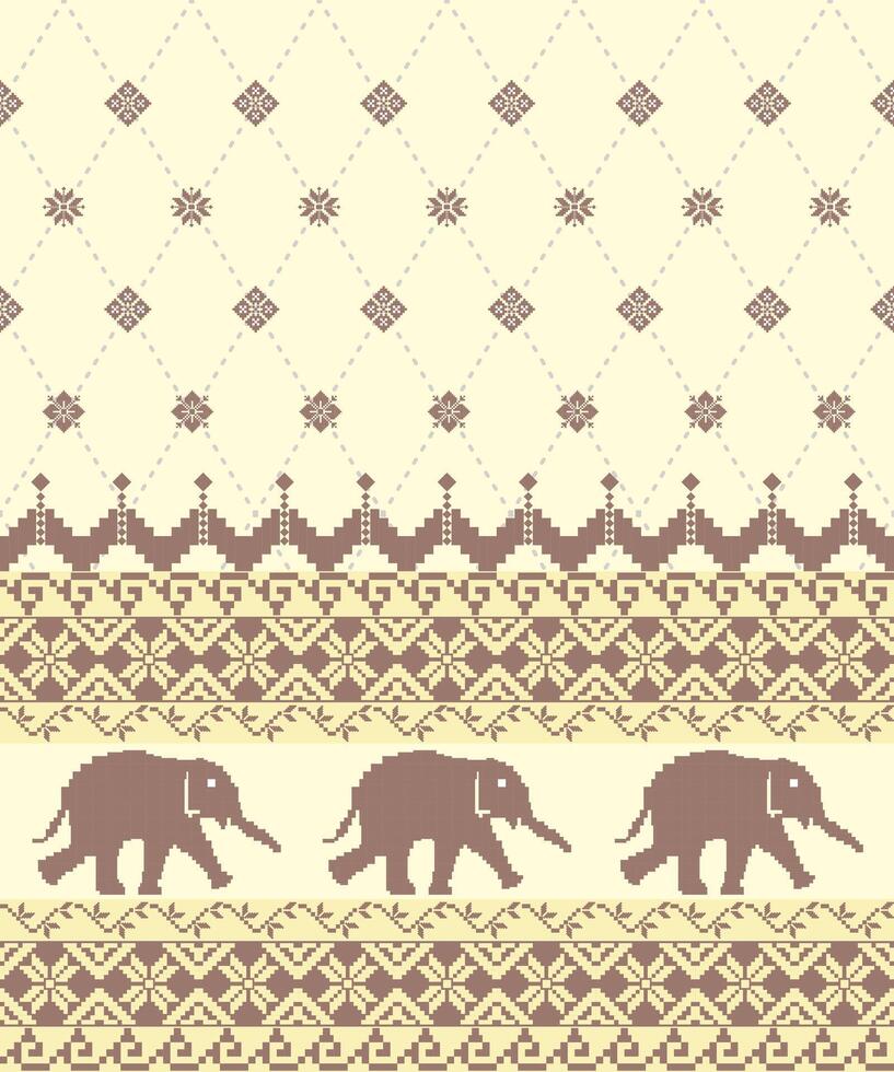 pattern composed of pixel designs with elephant and flower on cream color background, design for fabric or various pattern printing works. vector