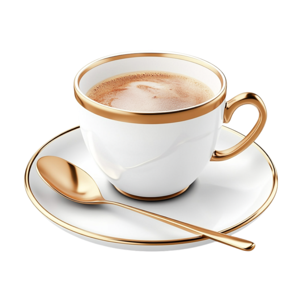 a cup of coffee with gold rim and spoon on a transparent background png