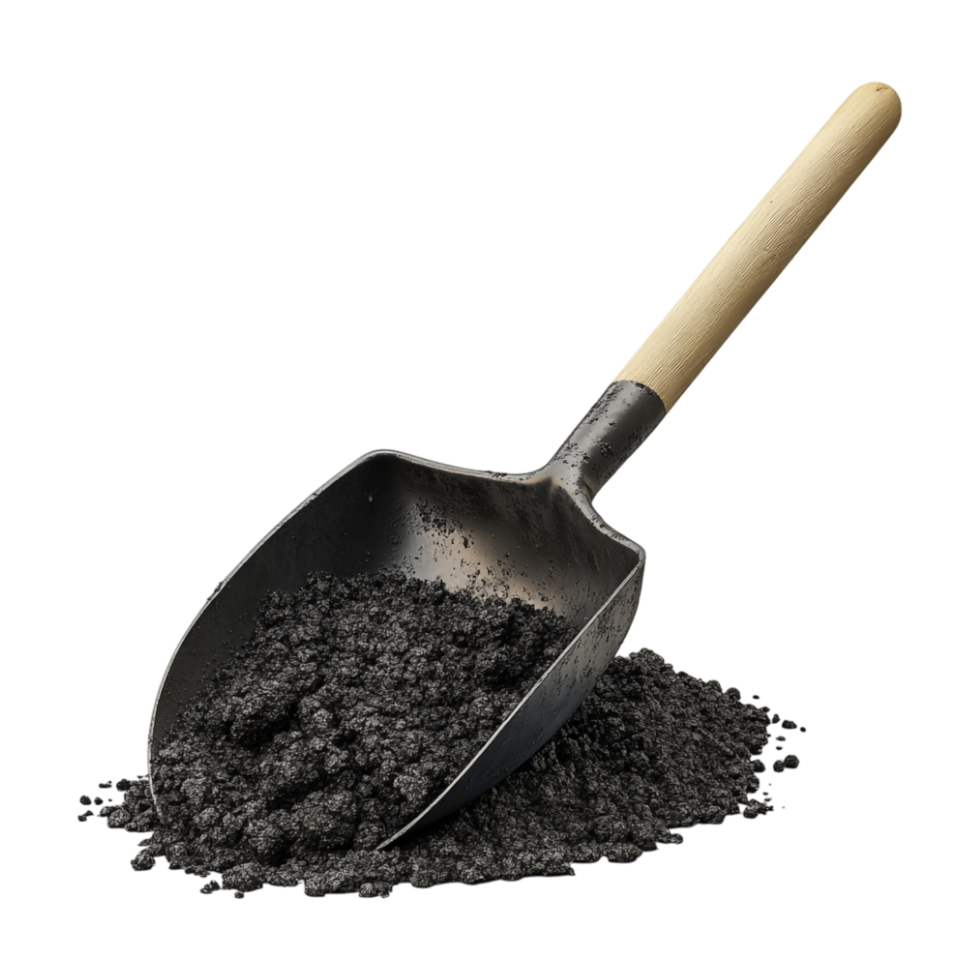a shovel with a shovel of black soil on a transparent background png